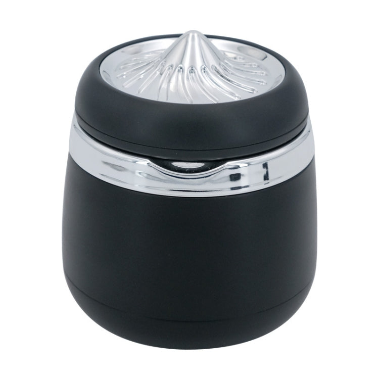 Mini car ashtray with cover closed, black body and silver lid light vent