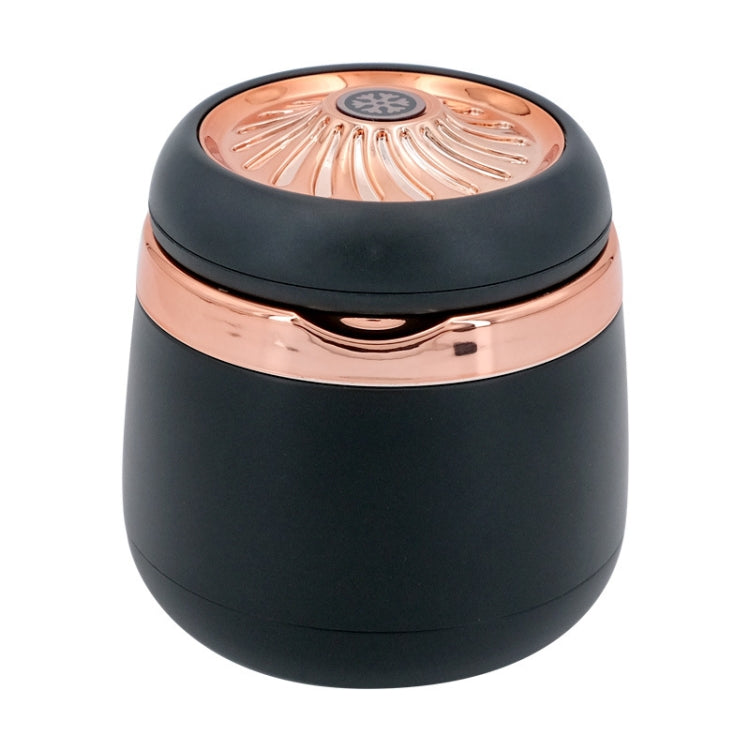 Mini car ashtray with cover closed, black body and rose-gold top with lamp circle