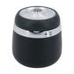 Mini car ashtray with cover closed, black body and silver top with lamp circle