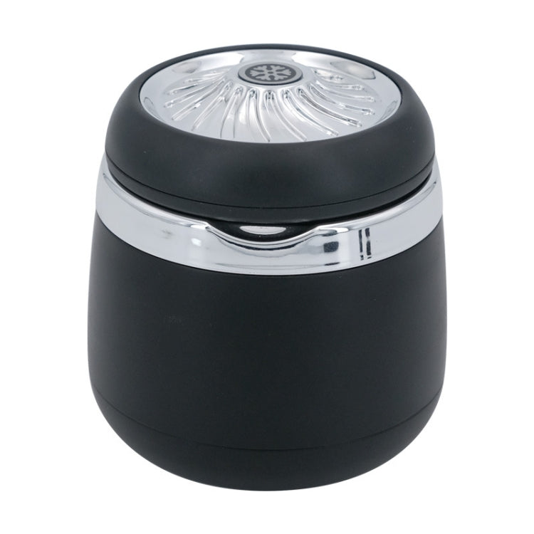 Mini car ashtray with cover closed, black body and silver top with lamp circle