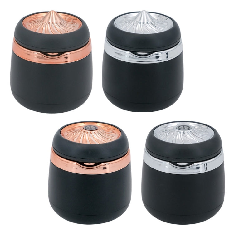 Mini car ashtray set showing rose-gold and silver finishes with black base and lid