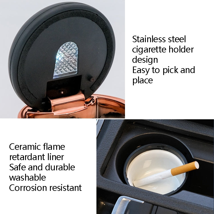 Mini car ashtray open, shows cigarette holder and rose-gold metal insert