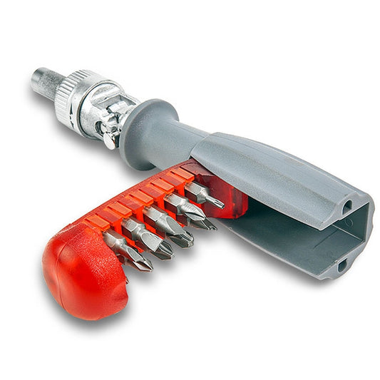 180-degree ratchet screwdriver set with orange bit tray, grey head, and red ergonomic handle