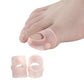 Pair of light pink soft toe caps with curved opening for toenail area