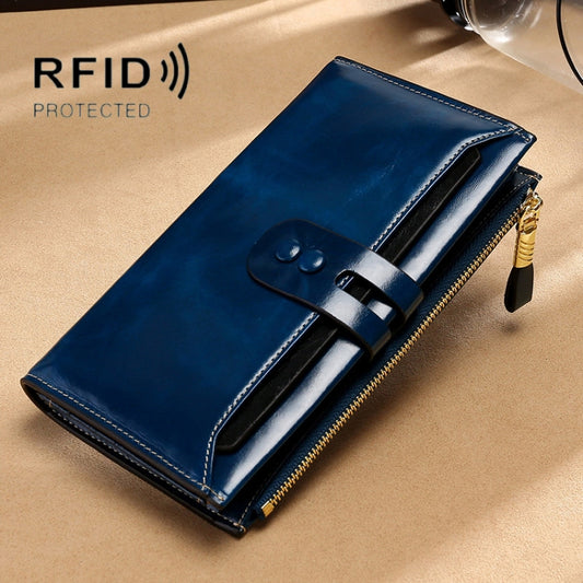 Blue leather long wallet with wrap strap and gold zipper, multi-card design.