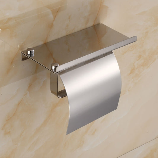 Wall-mounted stainless steel toilet paper holder with dark mirror shelf and paper roll