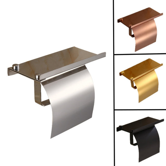 Stainless steel toilet paper holder set showing mirror, black, and gold finishes with roll