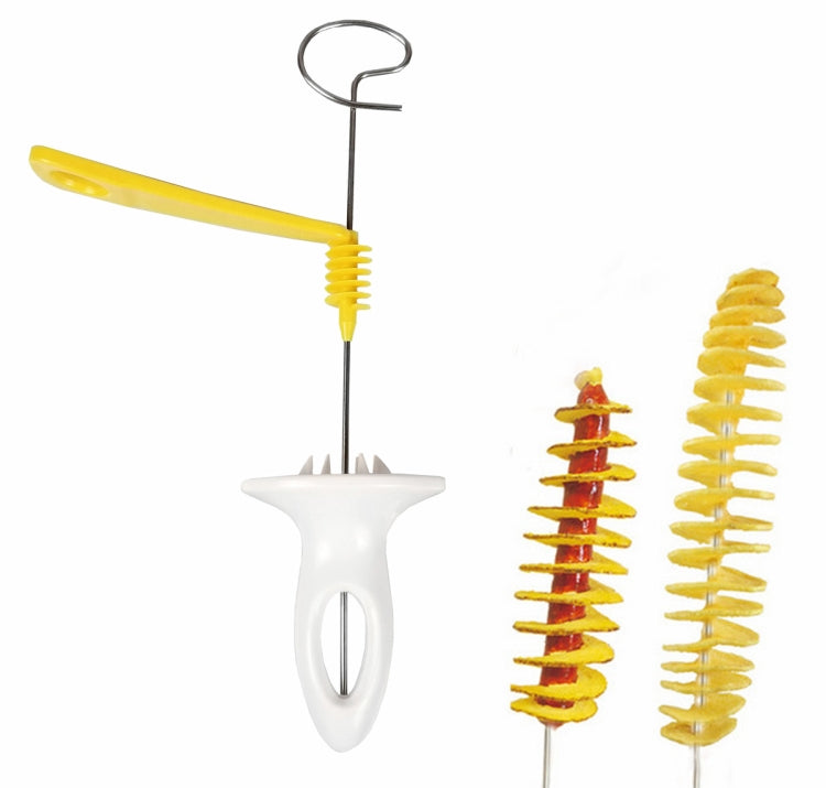 Potato spiral cutter with yellow spiral blade and stainless steel rods, white holder