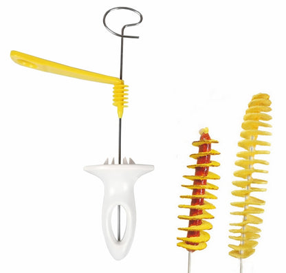 Potato spiral cutter with yellow spiral blade and stainless steel rods, white holder