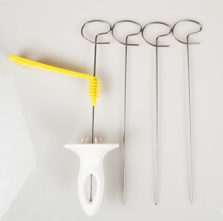 Potato spiral cutter set with yellow spiral blade, white base, four metal rods