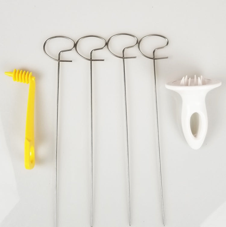 Potato spiral cutter set with yellow spiral handle, white base, four stainless prongs
