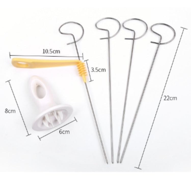 Potato spiral cutter tool set with yellow spiral blade, white base, multiple stainless rods
