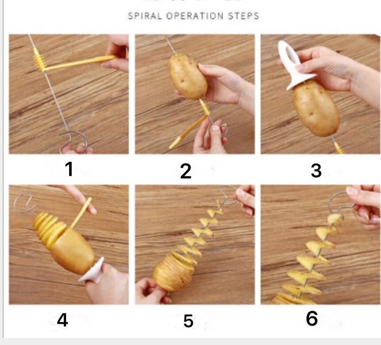 Potato spiral cutter operation steps showing spiral cutting with the tool