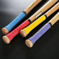 Wooden baseball bat handles with colorful grip wraps and end caps