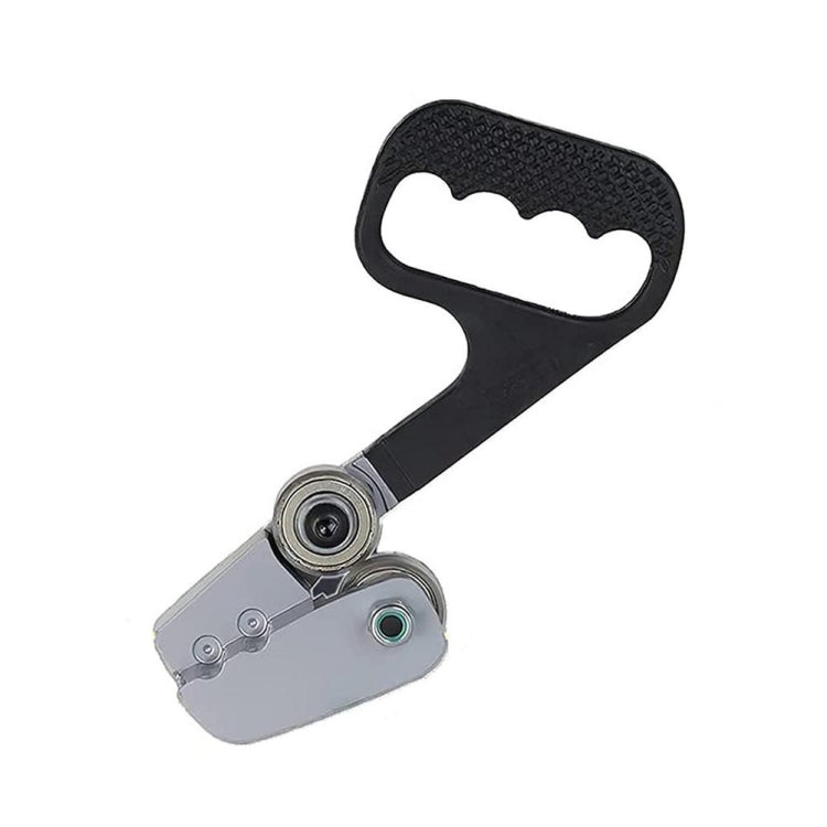 Handheld metal sheet cutter tool with black textured handle and silver head