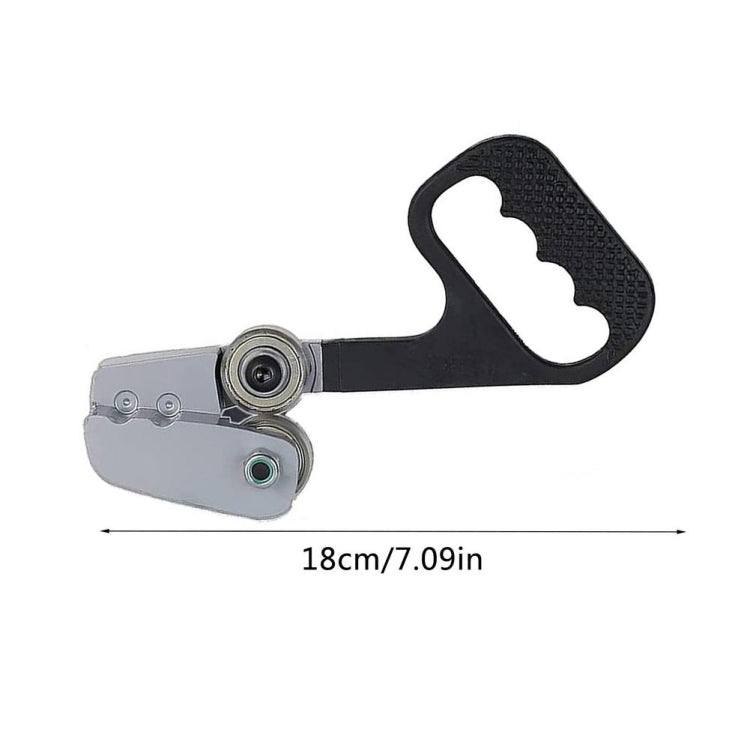 Handheld metal sheet cutter tool, black handle with oval grip and silver cutting head