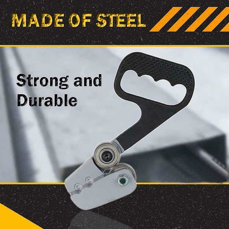 Handheld metal sheet cutter tool with textured black handle and silver steel head