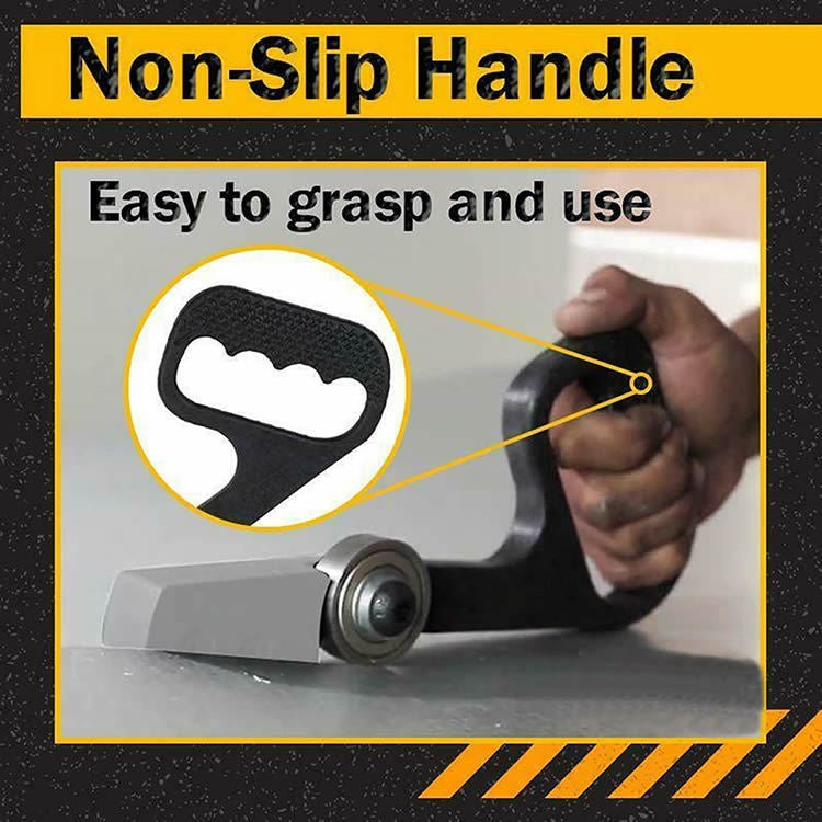 Handheld metal sheet cutter tool with non-slip black handle held by hand