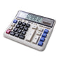 Keyboard-style calculator with large buttons, LCD display, and blue function keys