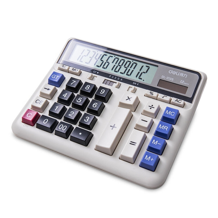 Keyboard-style calculator with large buttons, LCD display, and blue function keys