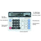 Front view calculator with 12-digit screen and blue memory keys, white body