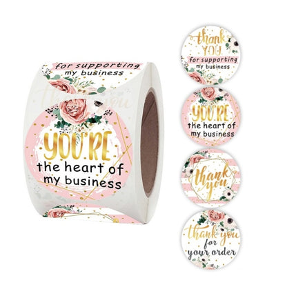 Floral thank-you round stickers set, with roses and 'thank you' business text