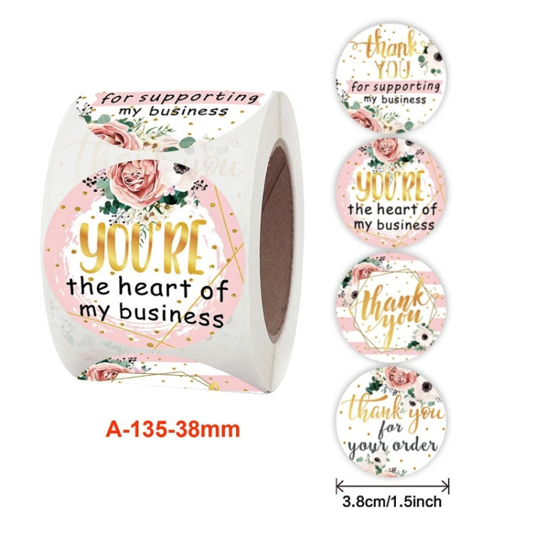 Floral thank-you round sticker roll with 4 labels; 3.8cm size; rose and 'thank you' text