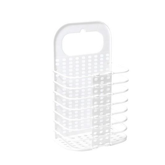 White perforated folding laundry basket with carry handle, wall-mount style