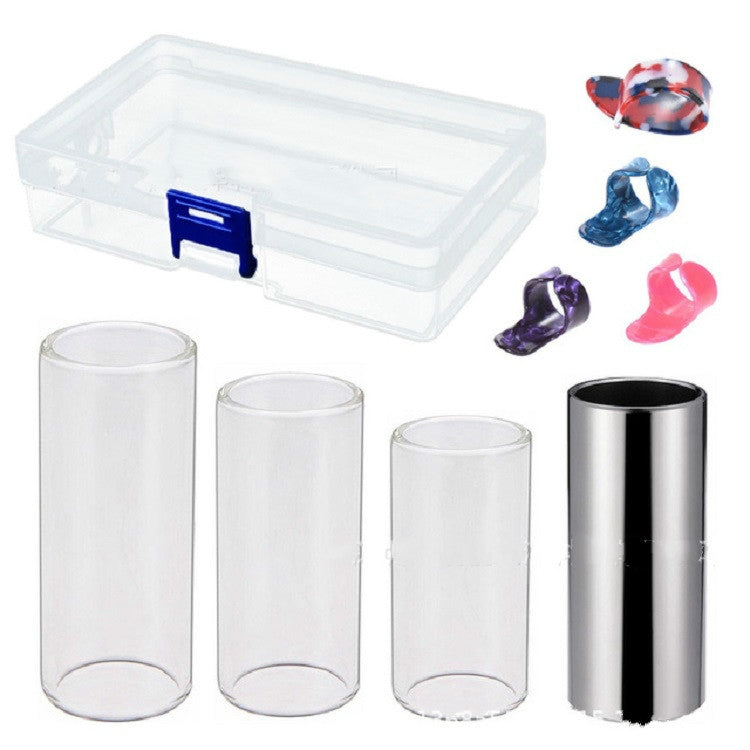 Guitar slide bar kit with clear case, metal tube, and colored finger picks
