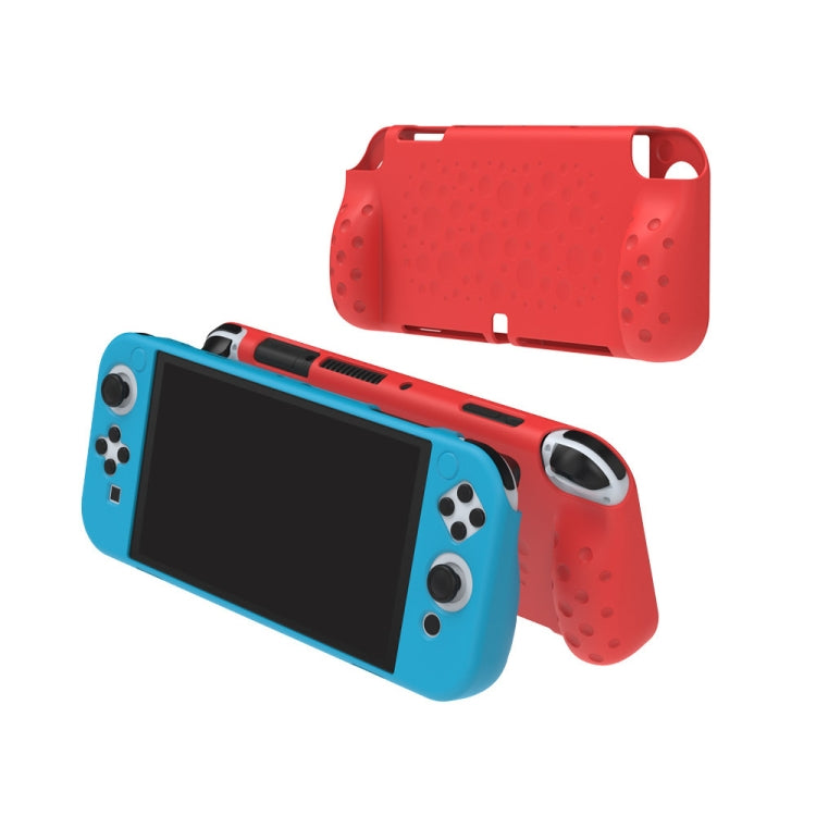 Nintendo Switch OLED in blue soft case with red protective hand grips