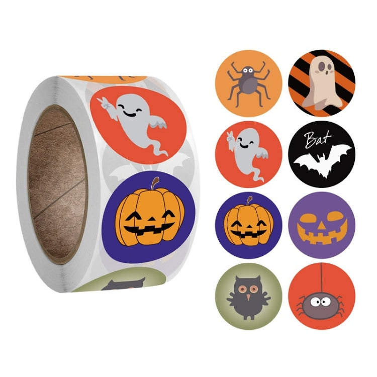Halloween round sticker label roll with ghost, spider, pumpkin and bat designs