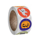 Halloween round sticker label roll with ghost, pumpkin and spider designs