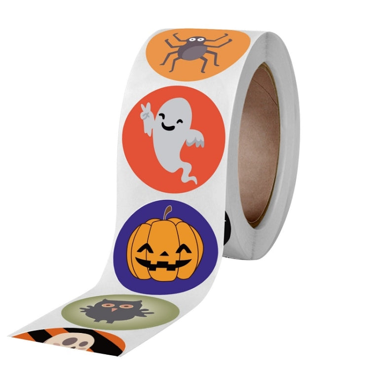 Halloween sticker label strip with ghost, spider, and pumpkin round icons