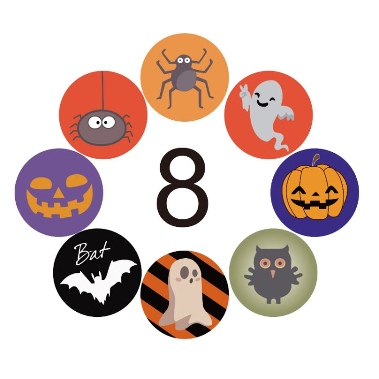 Halloween round sticker set with number 8 and bat, pumpkin, spider, ghost icons