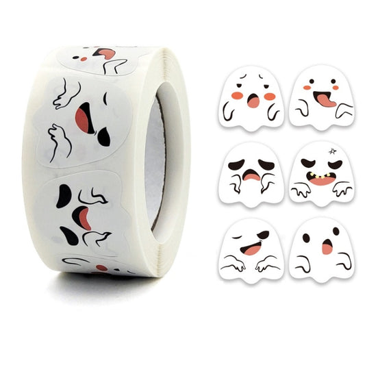 Halloween ghost emoticon sticker roll with scared and smiling ghost face designs