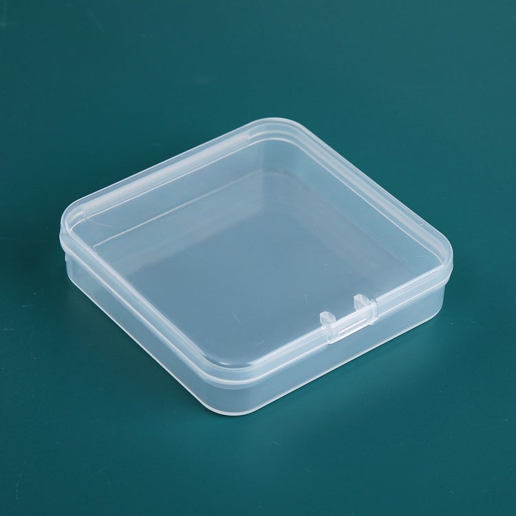 Transparent square plastic storage box with snap-on lid, clear parts organizer