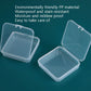 Square clear plastic storage boxes with snap lids, open and closed pair