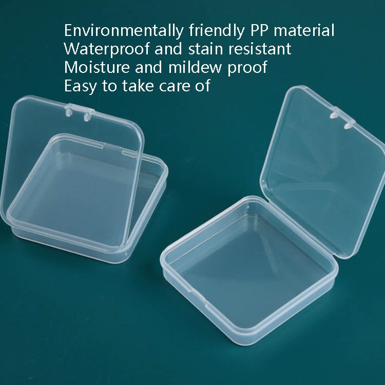 Square clear plastic storage boxes with snap lids, open and closed pair