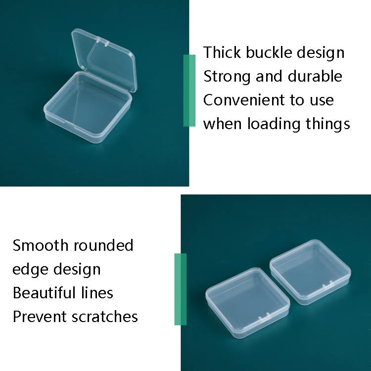 Thick square clear plastic storage box with snap buckle lid and rounded edges