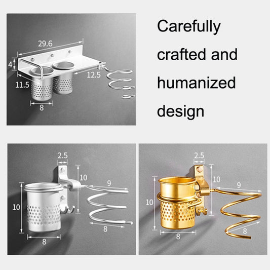 Wall hair dryer rack with dual perforated cups and cord holder, aluminum layout
