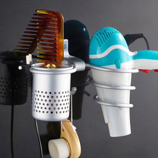 Dual barrel hair dryer rack with perforated cups and brush holder, silver and gold finish