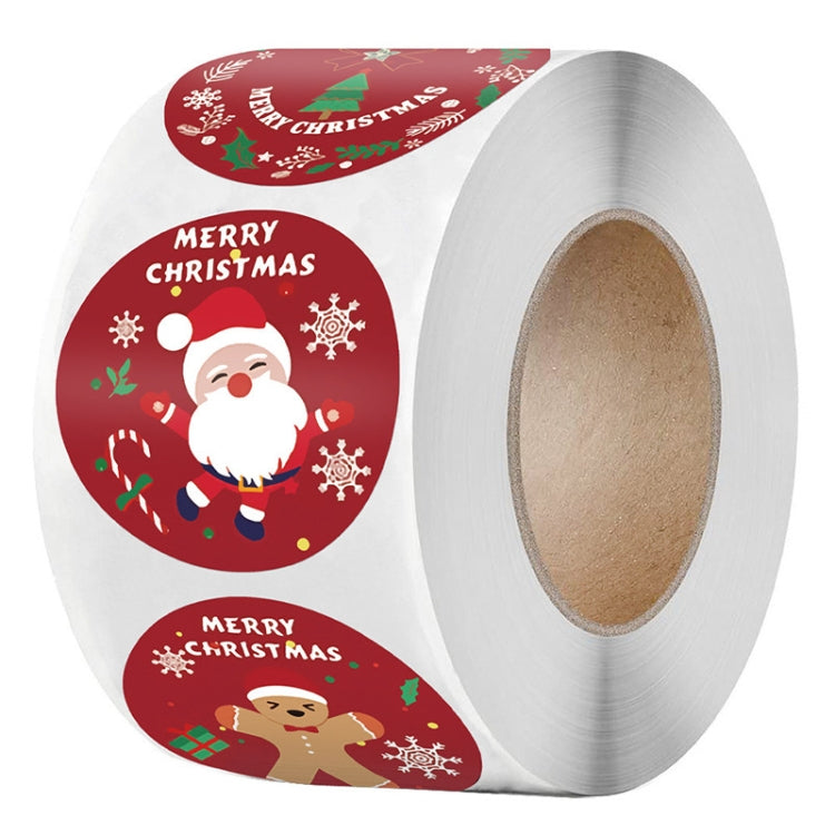 Close-up Christmas round label stickers on roll, red “Merry Christmas” designs
