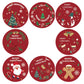 Set of Christmas round stickers in red with “Merry Christmas” and holiday characters