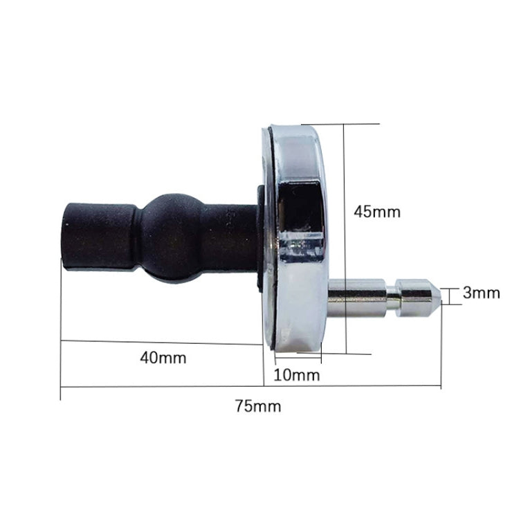 Toilet seat hinge hardware size diagram: chrome base, black sleeve, hex screw