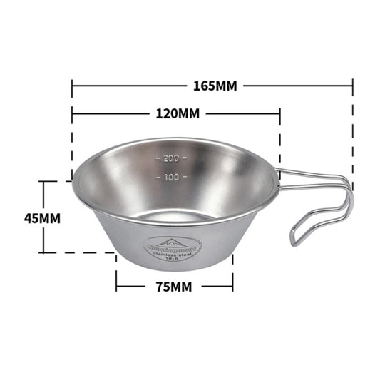 Stainless steel camping bowl with loop handles and printed measurement markings