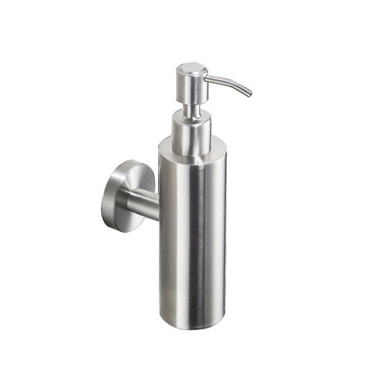 Stainless steel soap dispenser with curved lever pump and tall cylindrical bottle
