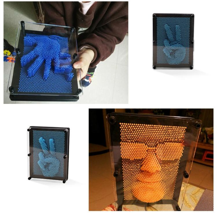 Blue bead hand mold in a clear frame, shown being used to create a handprint
