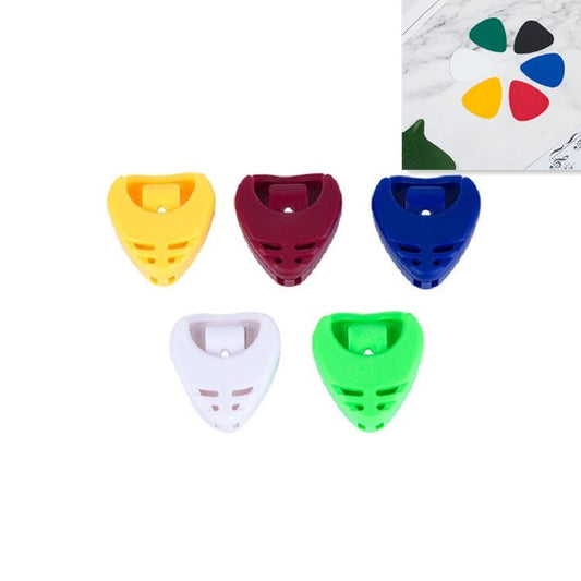Colorful guitar pick storage boxes, heart-shaped lids with open slots (yellow, burgundy, blue, green, white).