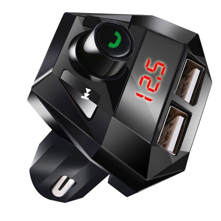 Black car Bluetooth transmitter with green call button, red LED display, dual USB ports