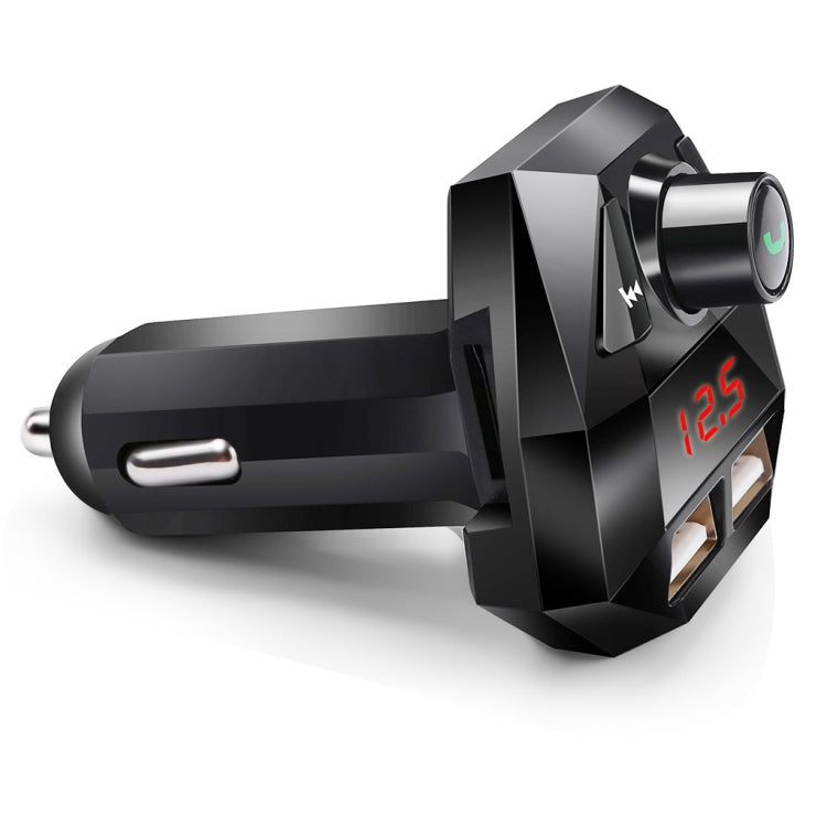 Black car Bluetooth transmitter with dual USB ports and red LED status indicator